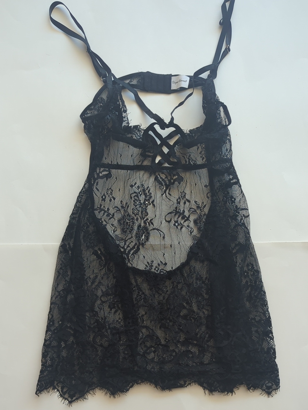 Elegant Moments Black Lace Sheer Chemise with Strappy Detail